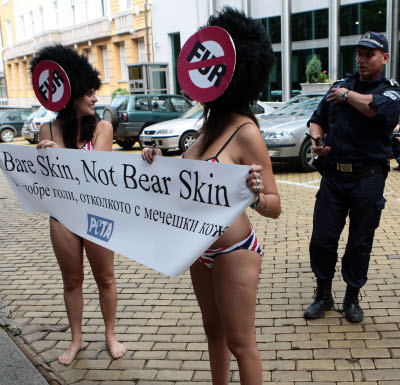 Облечени само с имитации на шапки от меча кожа и с нарисувано британско знаме на разголените си задни части протестираха пред бр