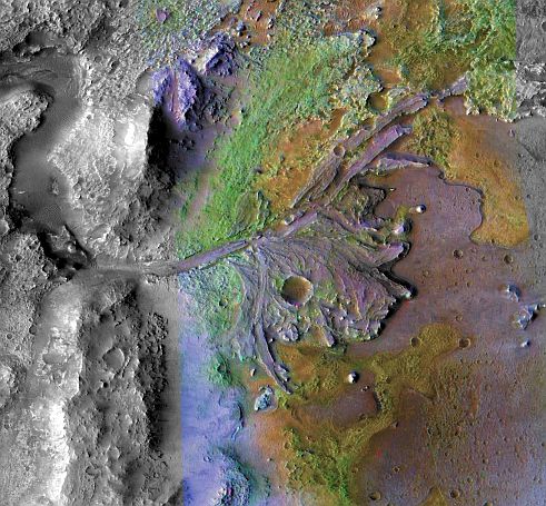 Кратерът ”Джезиро” на Марс - в зелено е оцветена древна река, която оформя нещо като делта, според учените от НАСА