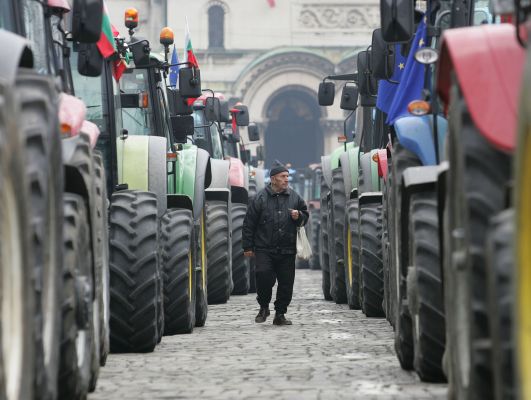 Тракторите на протестиращите зърнопроизводители пред пл. ”Ал. Невски” през 2008 г.