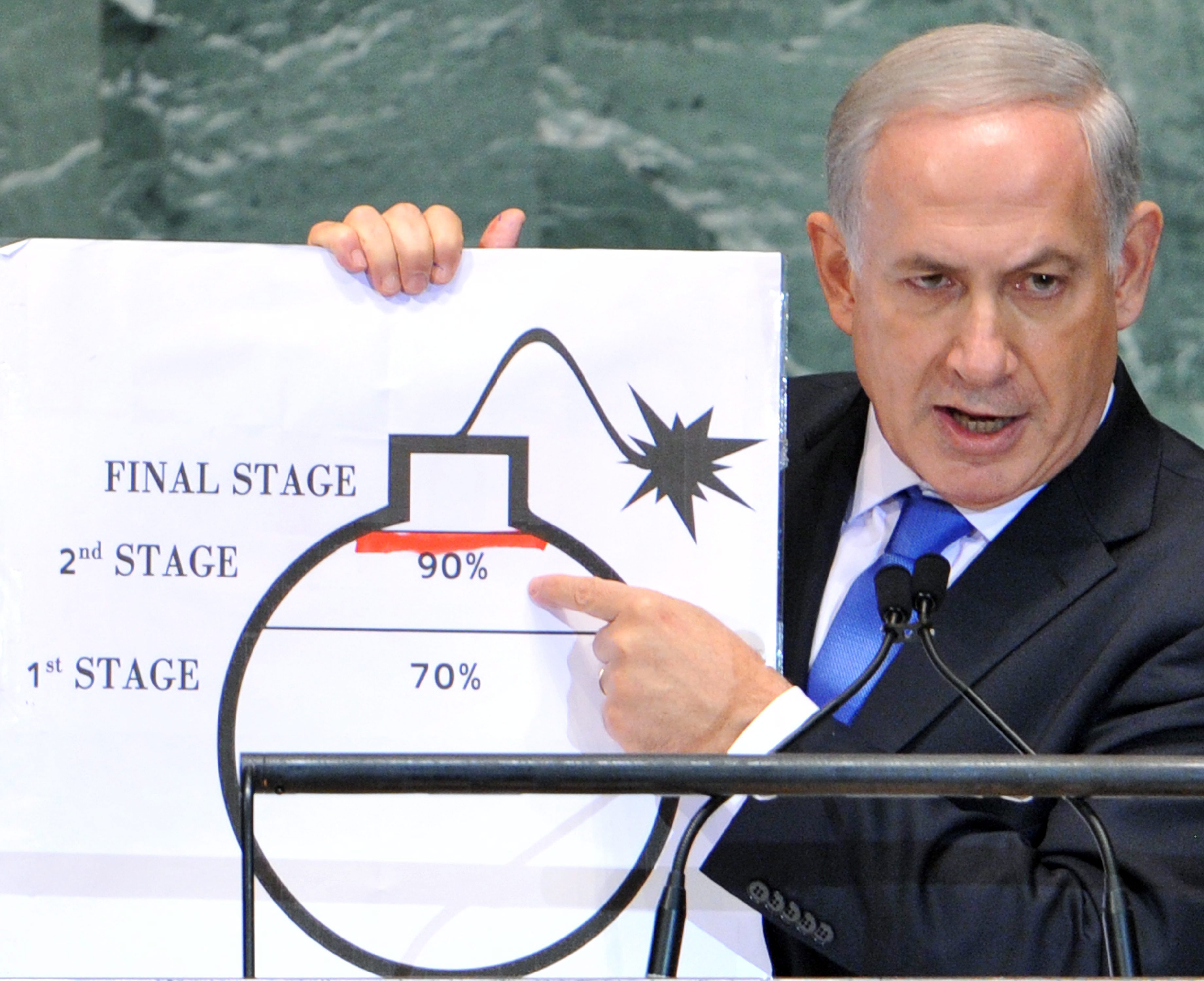 През 2012 г. премиерът Бенямин Нетаняху показа пред ООН рисунка на бомба като негово послание за иранската ядрена програма