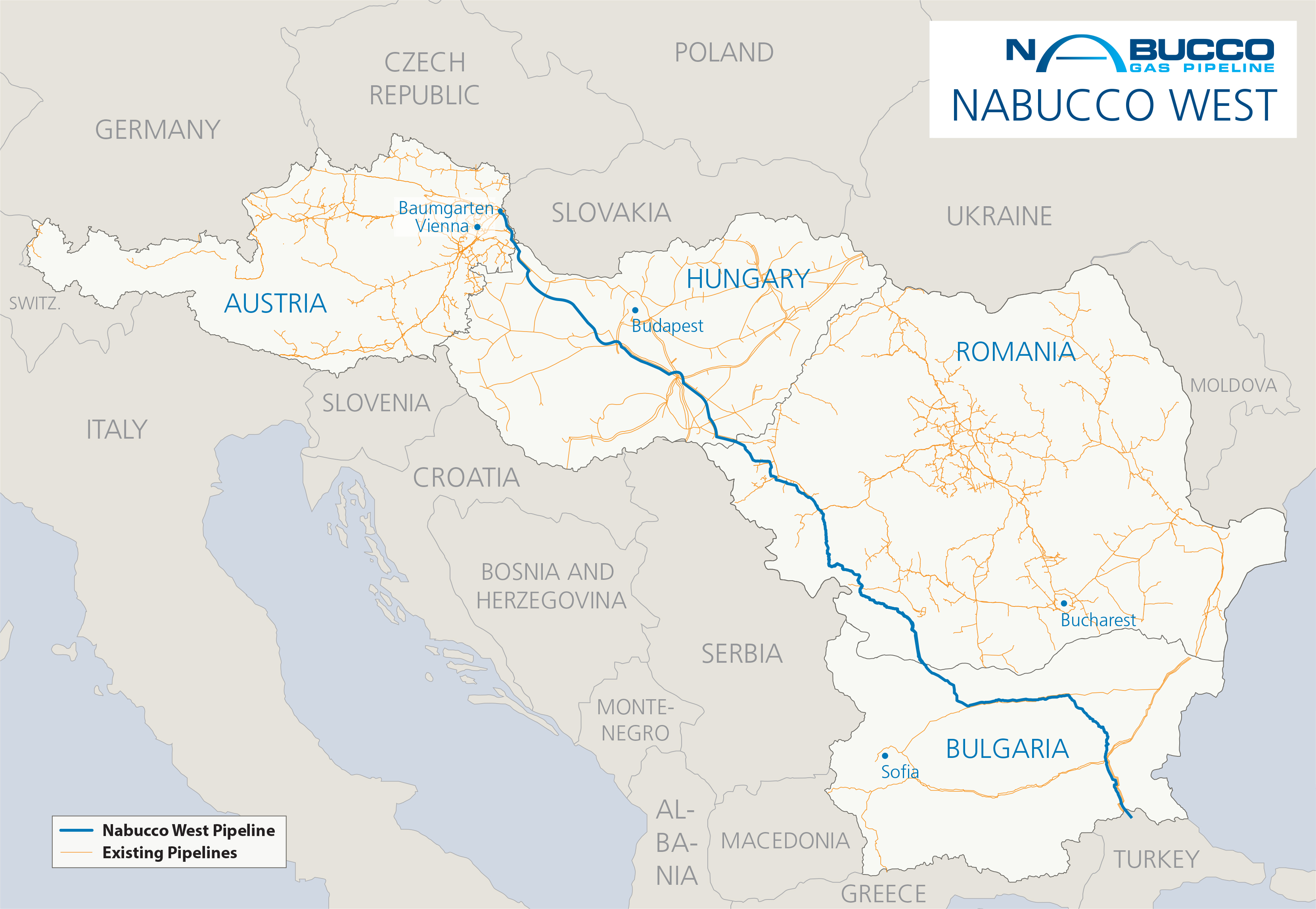Газопроводът ”Набуко” има за цел да пренася около 30 милиарда кубични метра газ годишно от Каспийско море към Европа