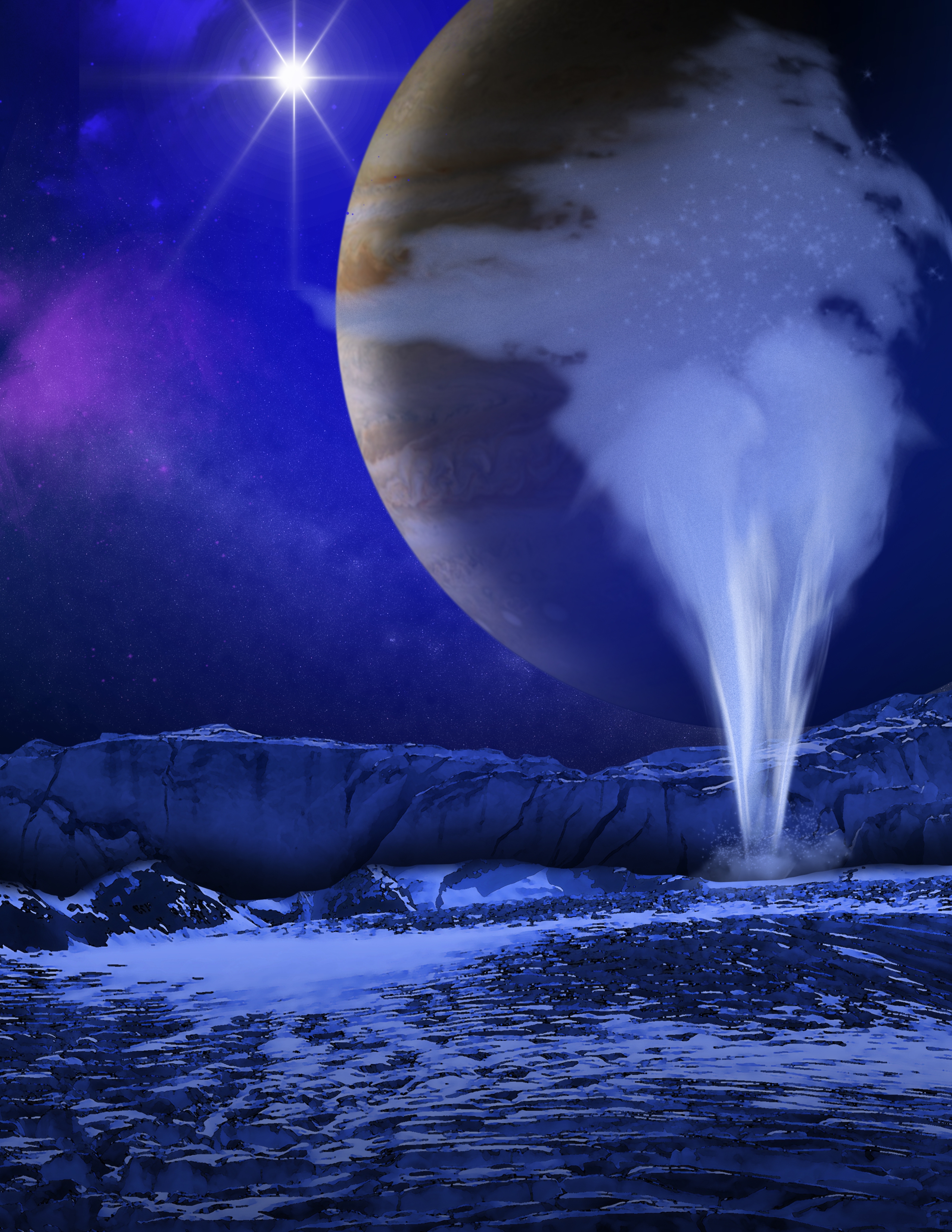 Водна струя на повърхността на Европа (илюстрация на НАСА)