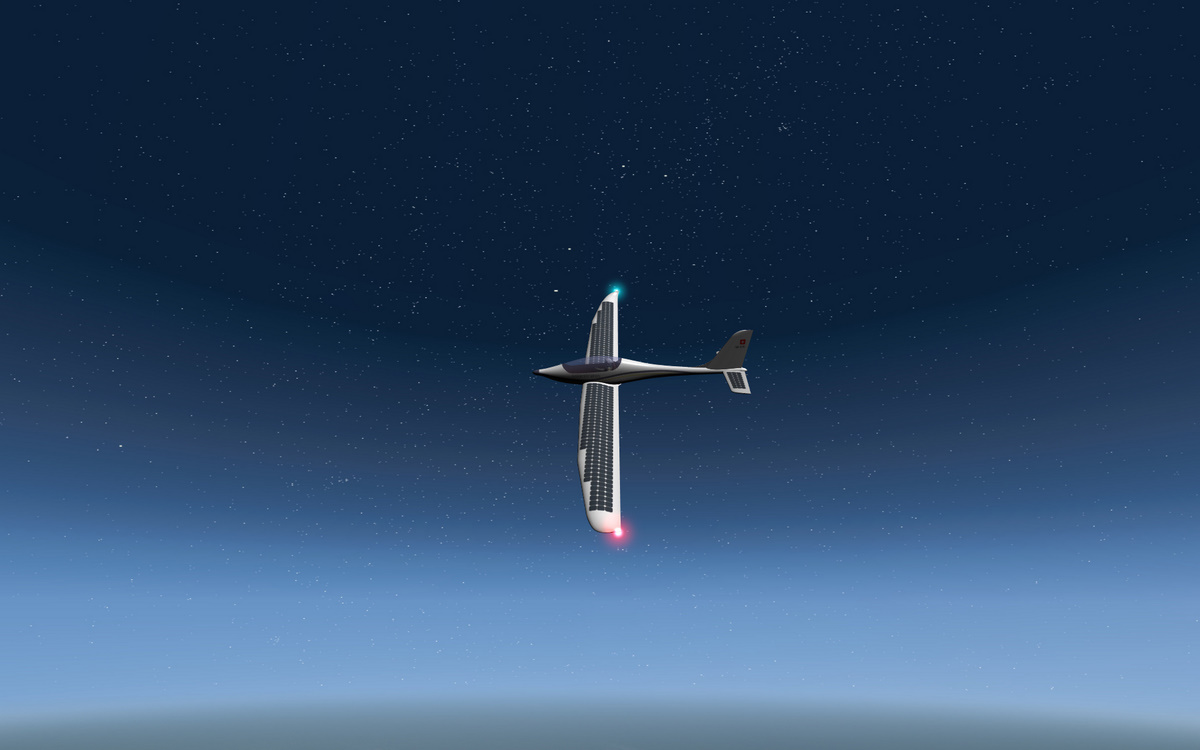 Соларният самолет по време на полет (худ. интерпретация)