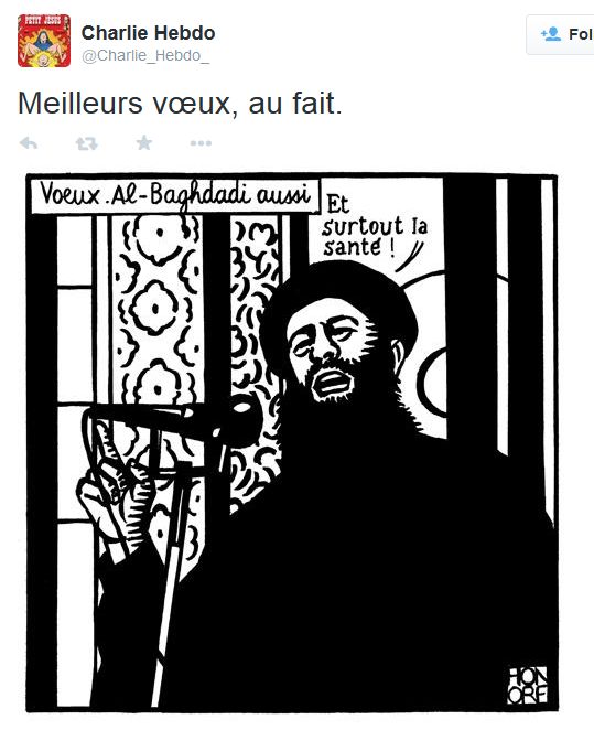 Карикатурата на лидера на ”Ислямска държава” Абу Бакр ал Багдади, публикувана в Туитър от списание ”Шарли Ебдо”