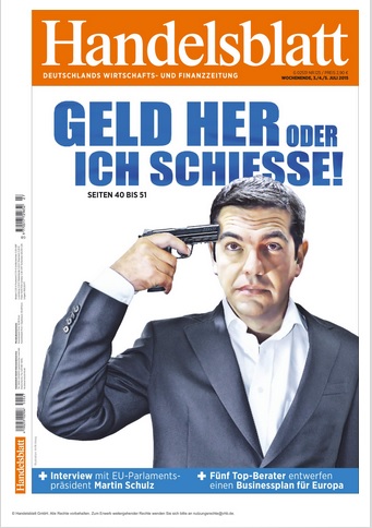 Титулна страница на германския вестник Ханделсблат с Ципрас, опрял пистолет в главата си