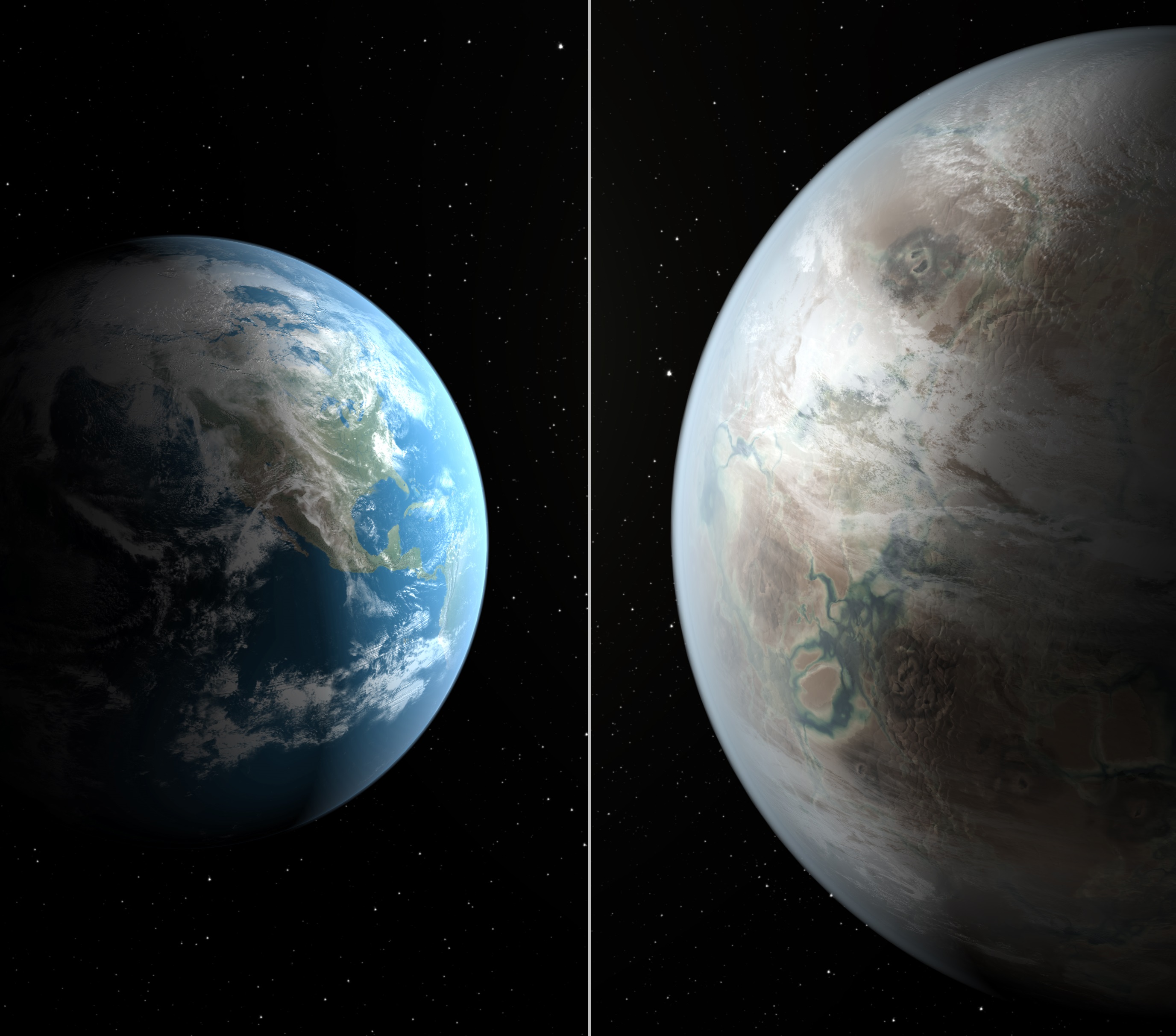 Сравнение между Земята и планетата Kepler 452b (худ. интерпретация)
