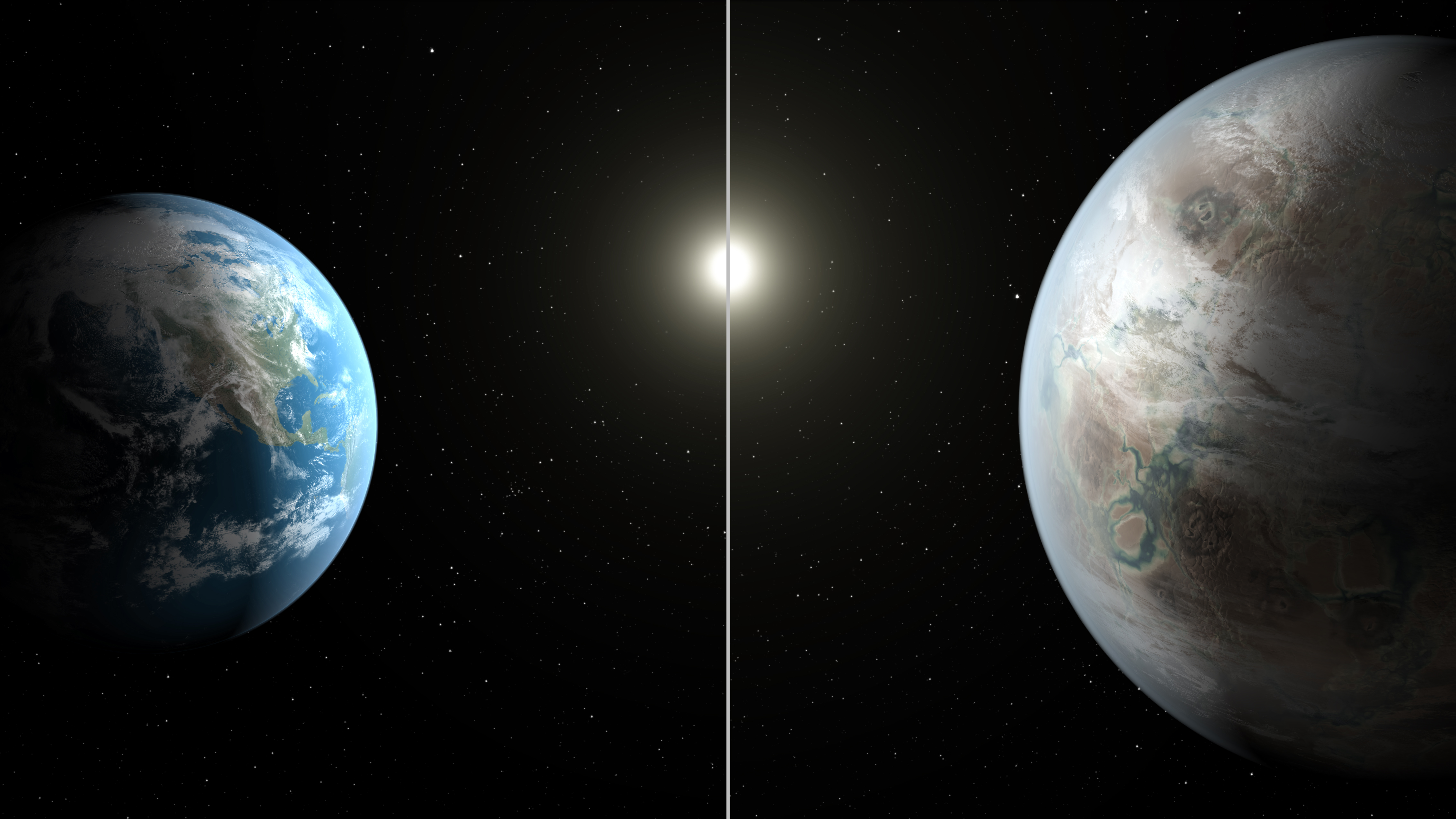 Сравнение между Земята (ляво) и планетата Kepler 452b (худ. интерпретация)