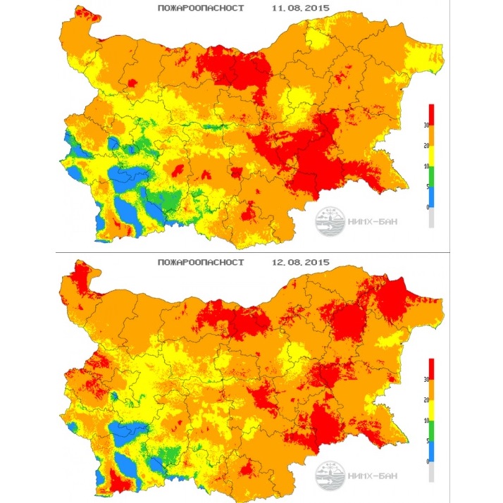 НИМХ: Червен индекс за пожари, жълт код за жеги в страната