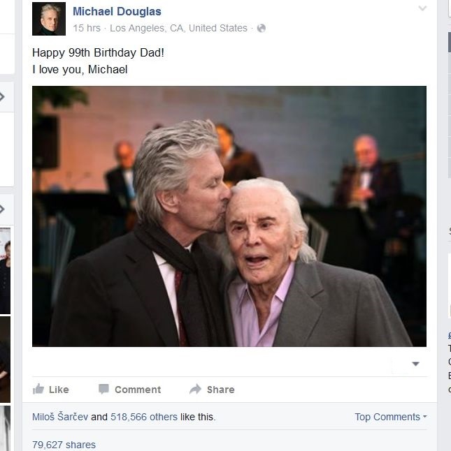 Майкъл Дъглас поздрави Кърк Дългас за 99-ия му рожден ден с обща снимка