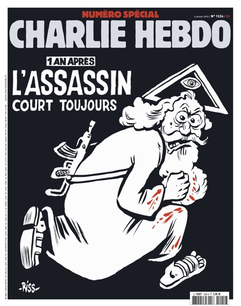 Карикатура на ”Шарли Ебдо”: Брадат бог с автомат ”Калашников” и текст, който казва, че една година по-късно убиецът още шета