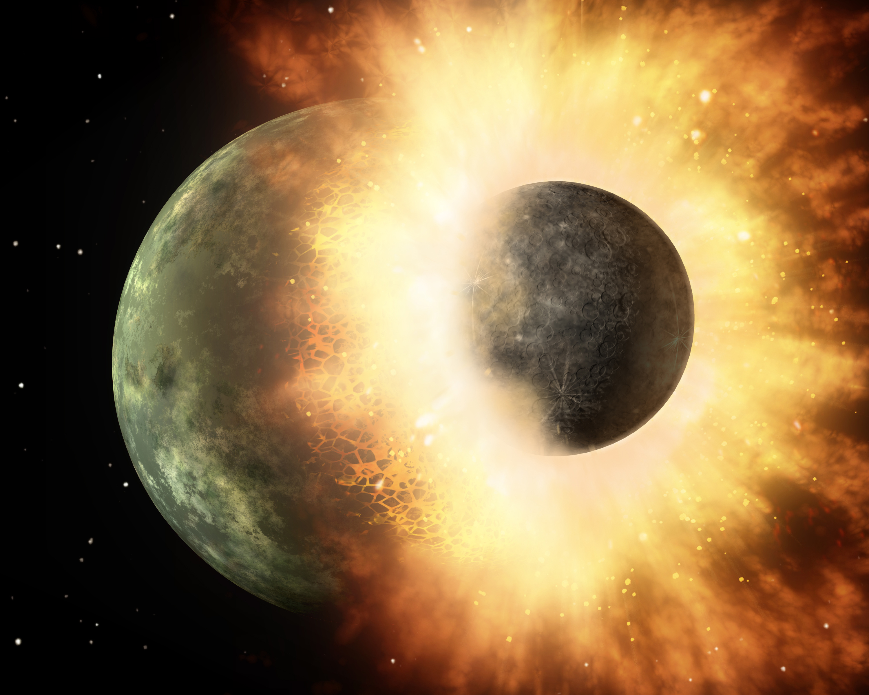 Земята и Луната са се формирали след челен междупланетен сблъсък