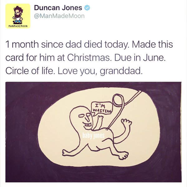 Картичката, с която Дънкан Джоунс съобщава на баща си Дейвид Бауи, че ще става дядо