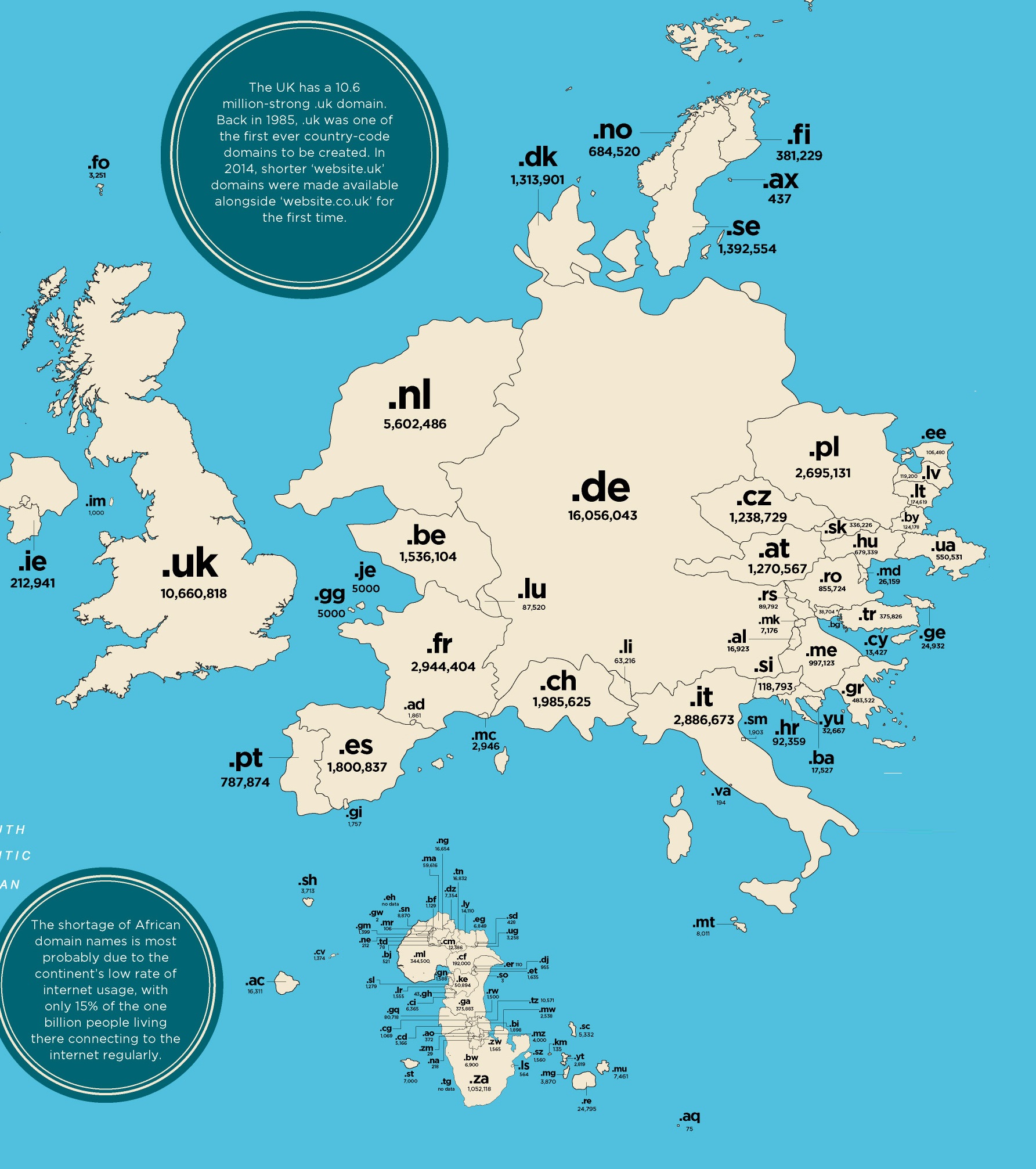 Европа и Африка според картата на Nominet