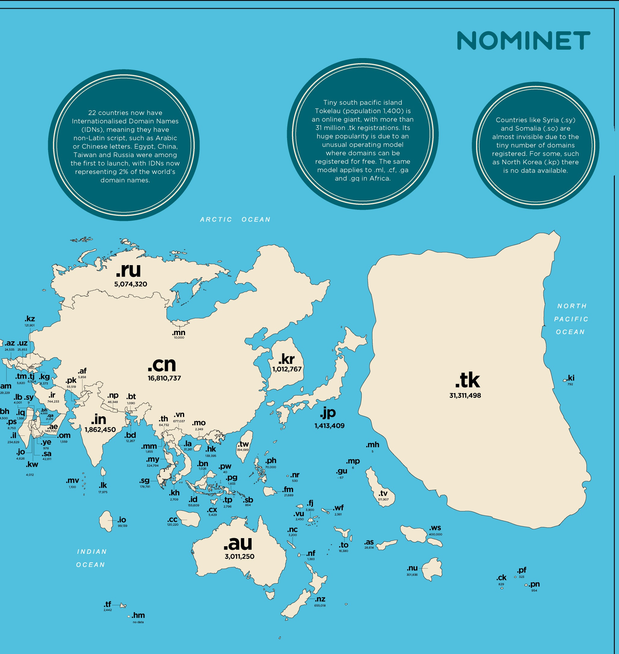 Азия и Океания според картата на Nominet