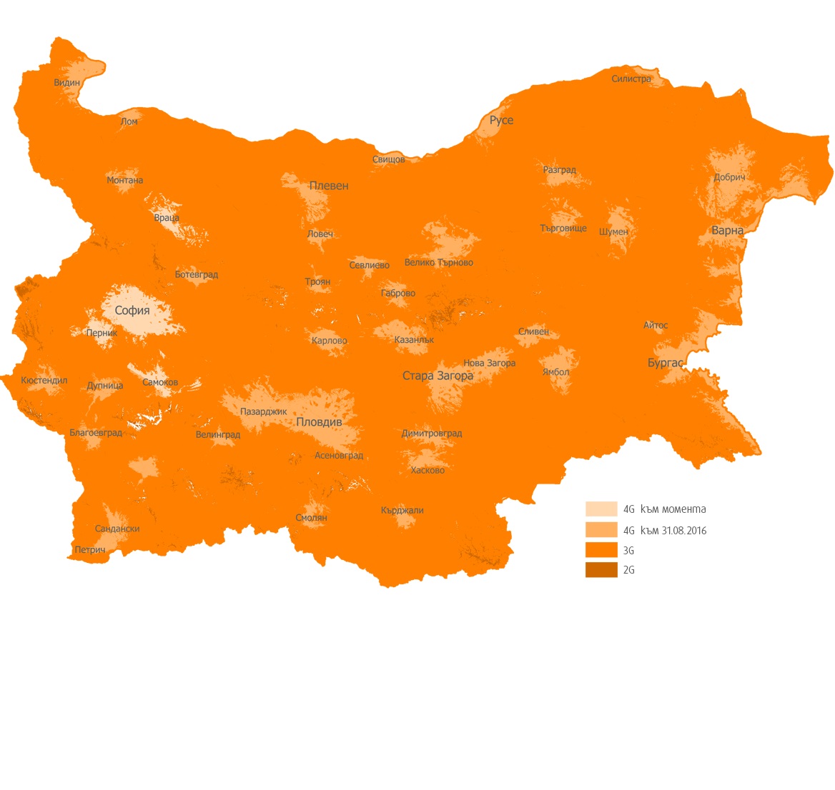 Карта на 4G/3G/2G покритието на Vivacom в България