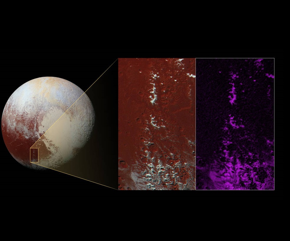 Бял скреж по върховете на планините на Плутон