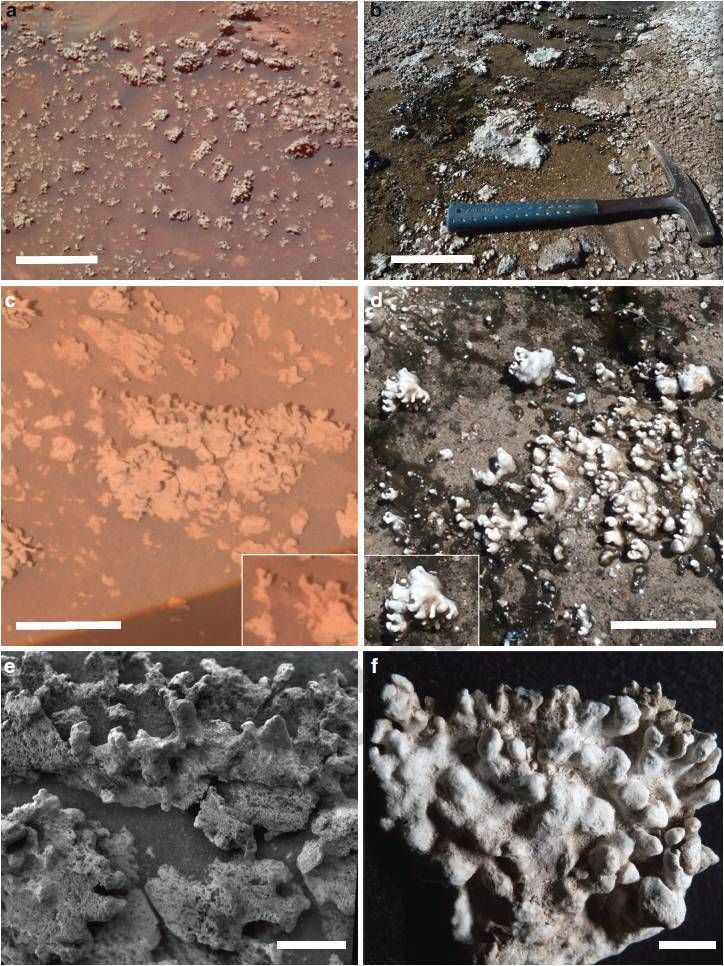 Образуванията окрити на Марс (от ляво) и образуванията в Чили (от дясно)