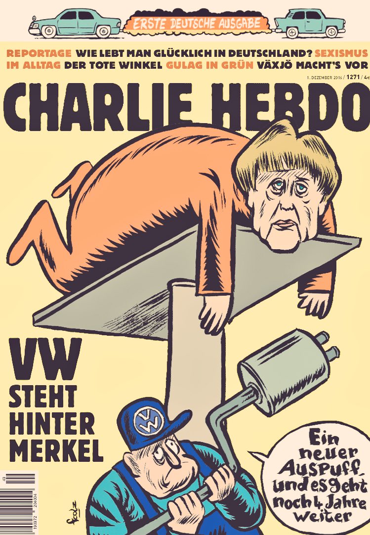Ангела Меркел е изобразена като повреден автомобил