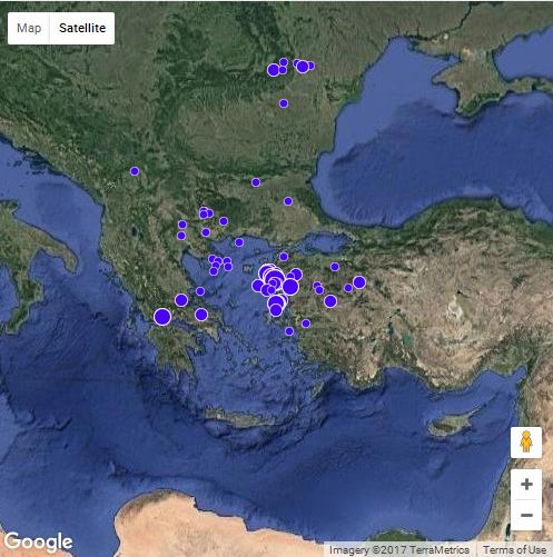 Днешните земетресения (в долната част на картата) представени от Националния институт по геофизика, геодезия и география