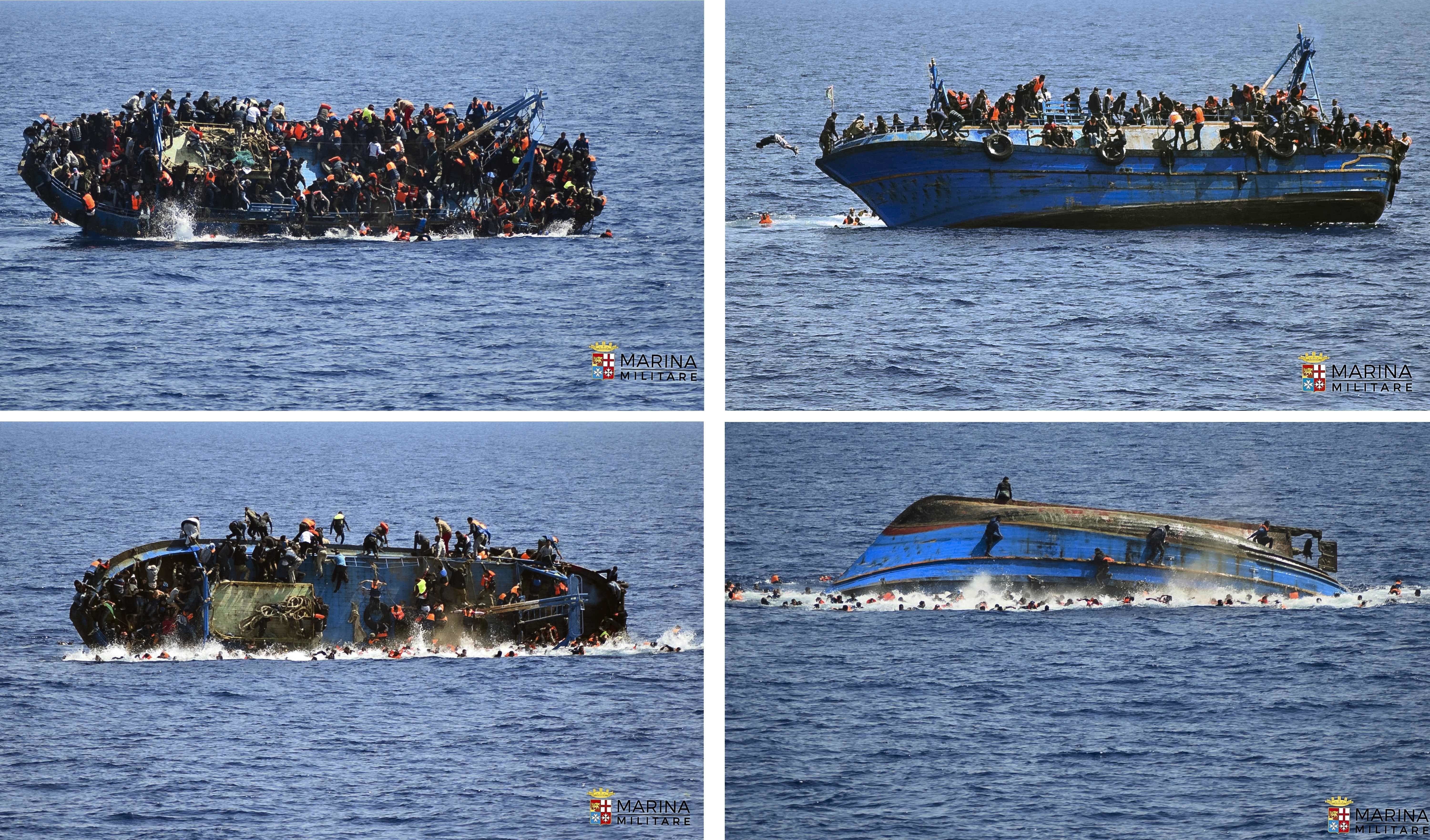 Комбинирана снимка на лодка с мигранти, която се обръща край либийския бряг