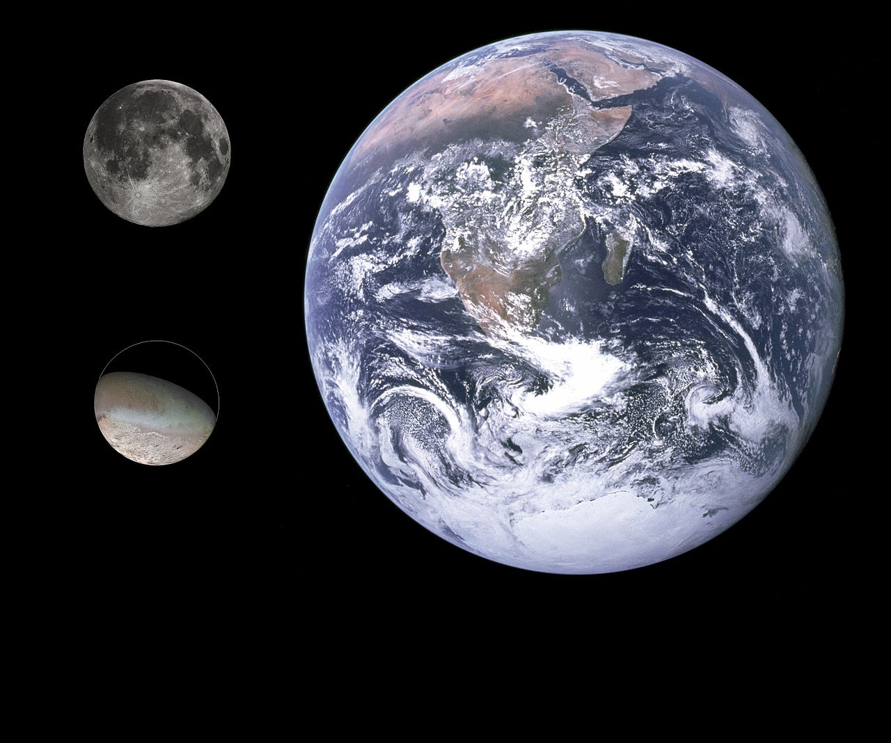 Тритон сравнен със Земята и Луната