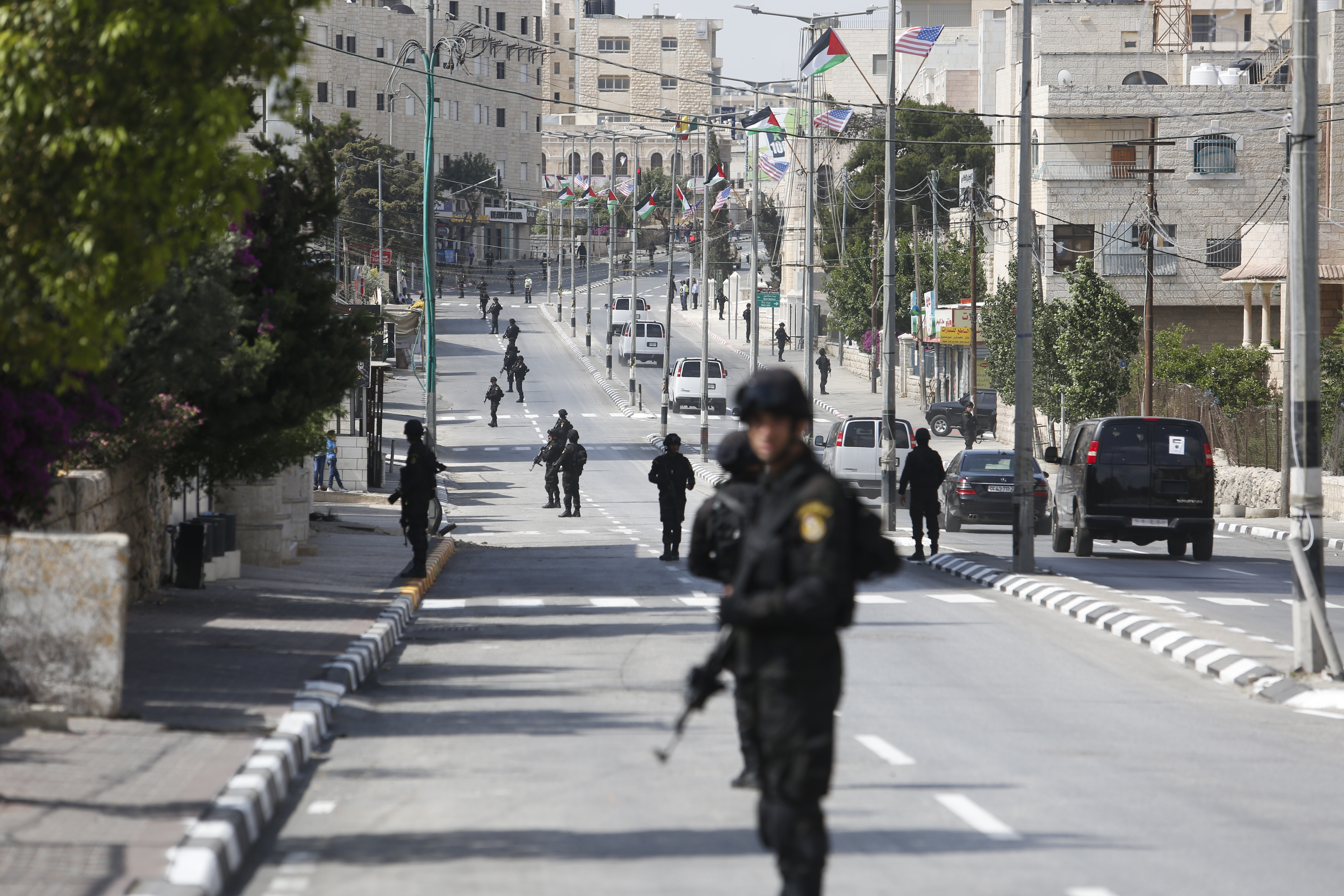 Палестински сили за сигурност по време на посещението на Доналд Тръмп във Витлеем на Западния бряг