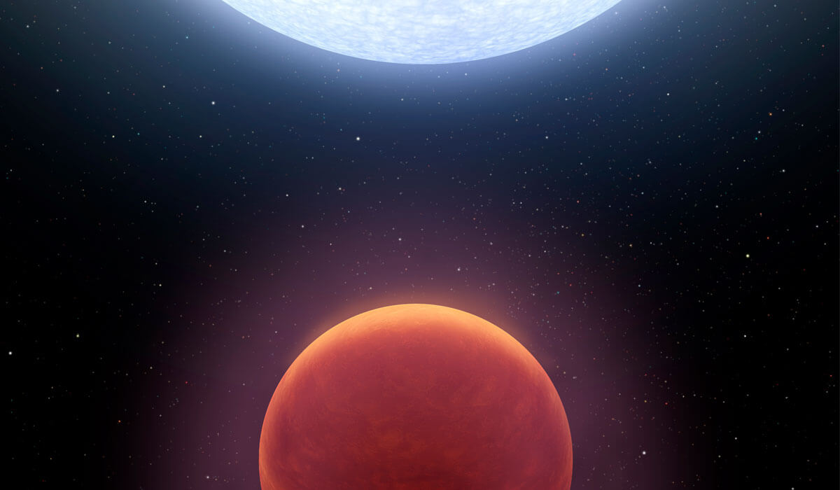 Така трябва да изглежда KELT-9b (в оранжево), орбитираща около своята звезда (в синьо)