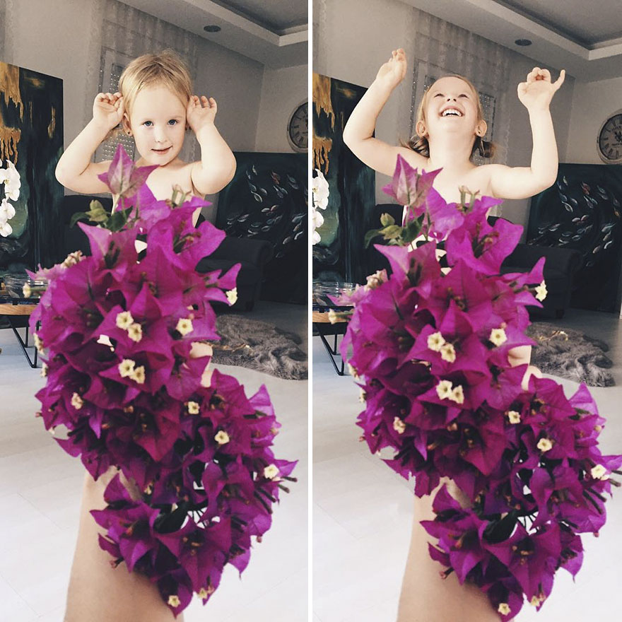 Майка и дъщеря създават модна фантазия с цветя
