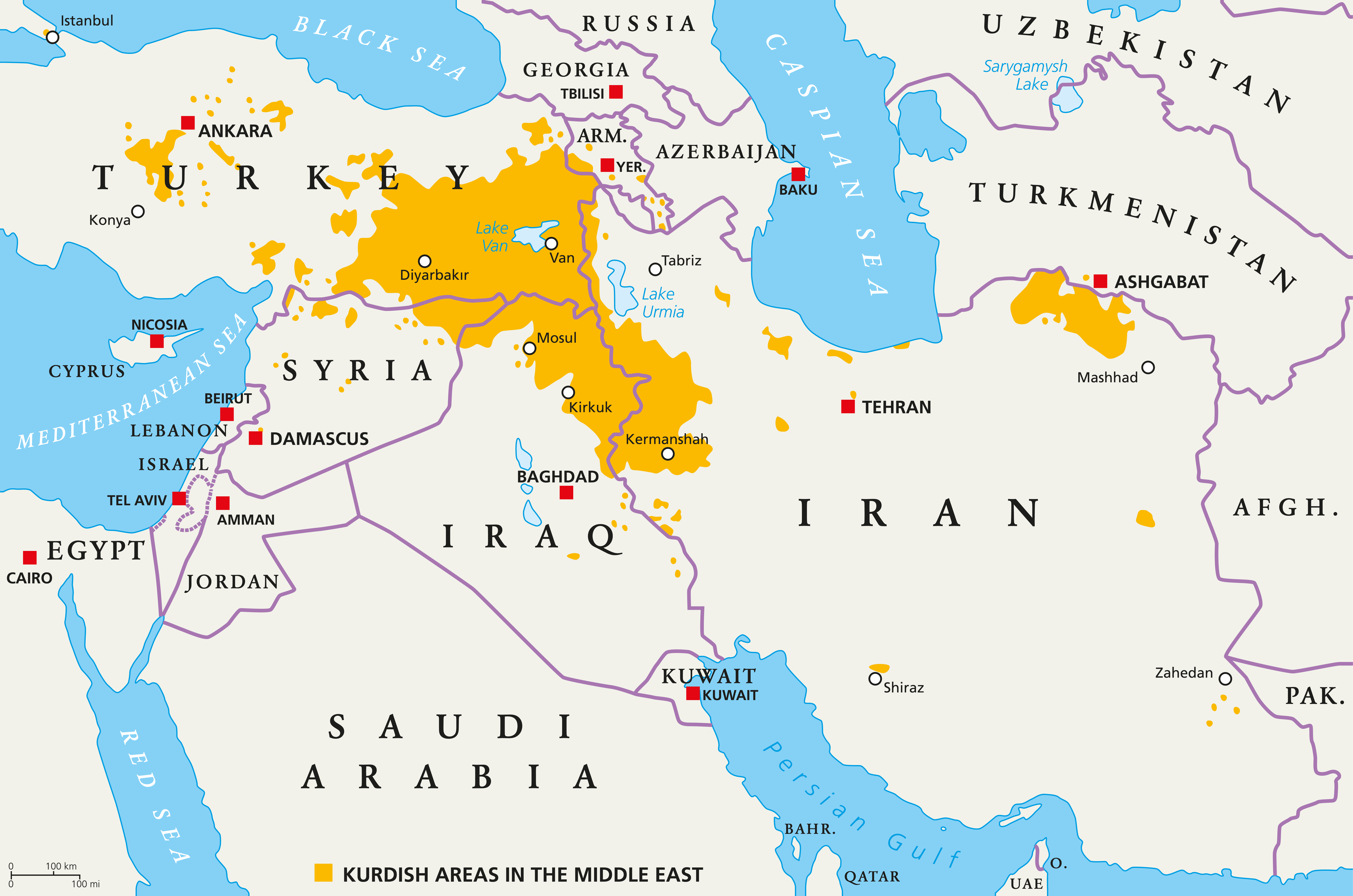 Карта на териториите, населени преимуществено  с кюрди