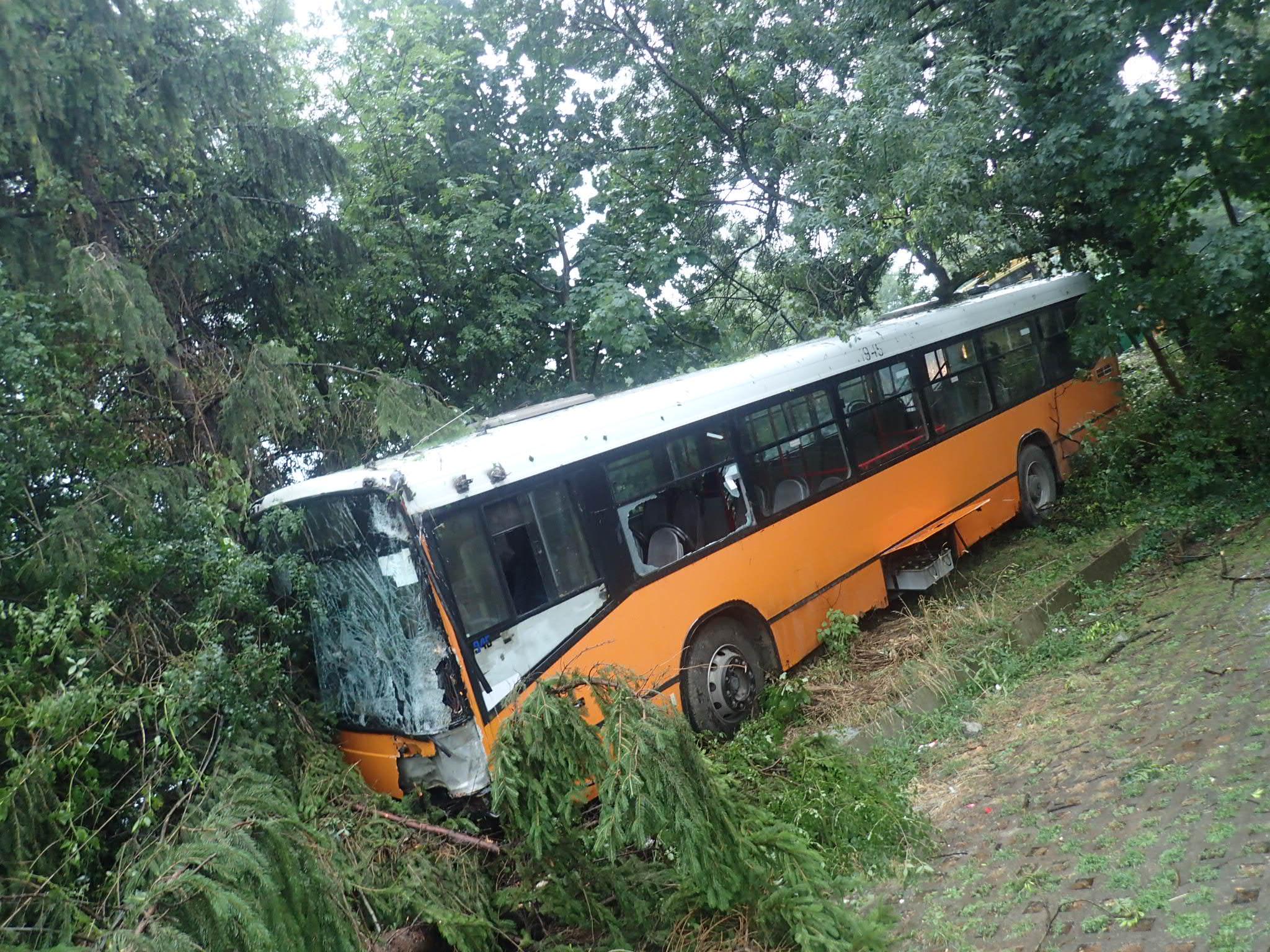 Автобусът е минал през оградата и паднал в зелените площи