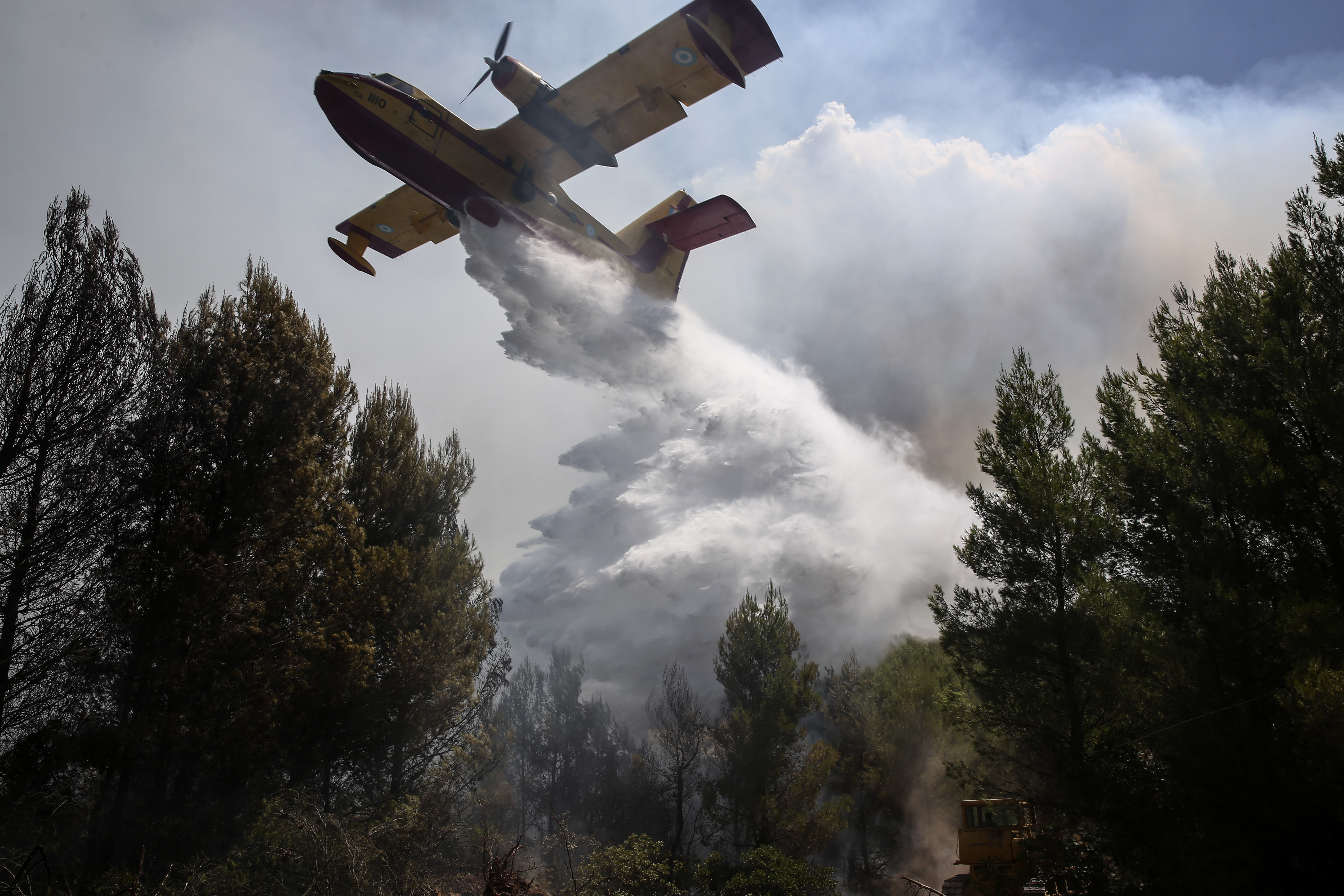 Пожарникарски самолет гаси горски пожар близо до село Метохи, северно от Атина