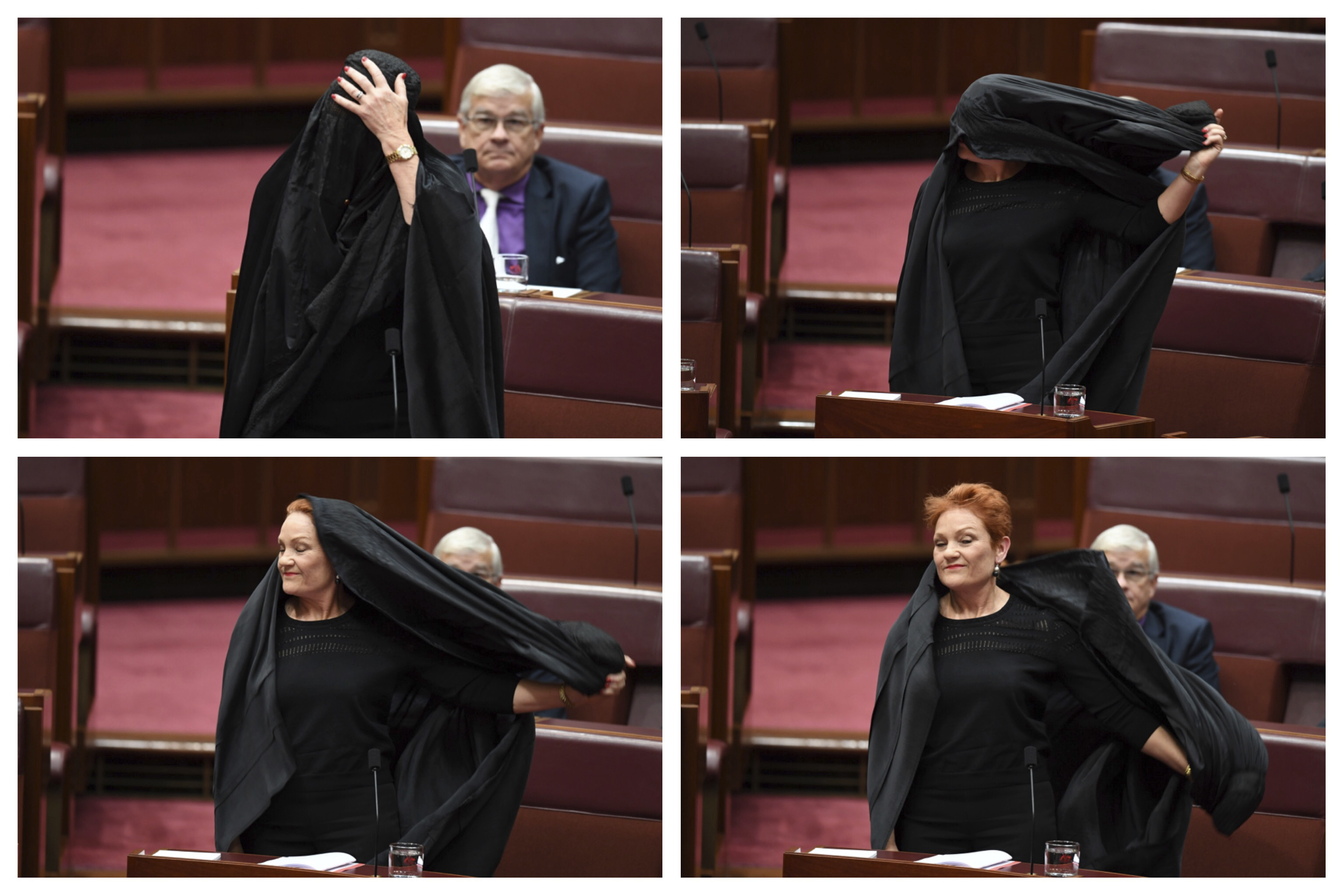 Австралийската сенаторка Полин Хенсън се появи в парламента с бурка, а после демонстративно я свали