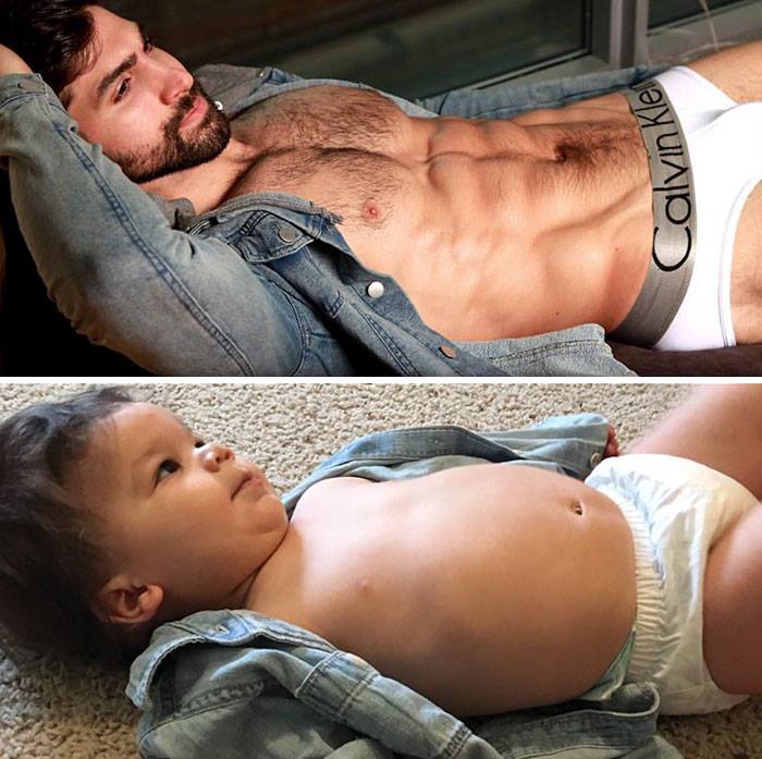 Майка засне малкия си син в позите на брат си модел