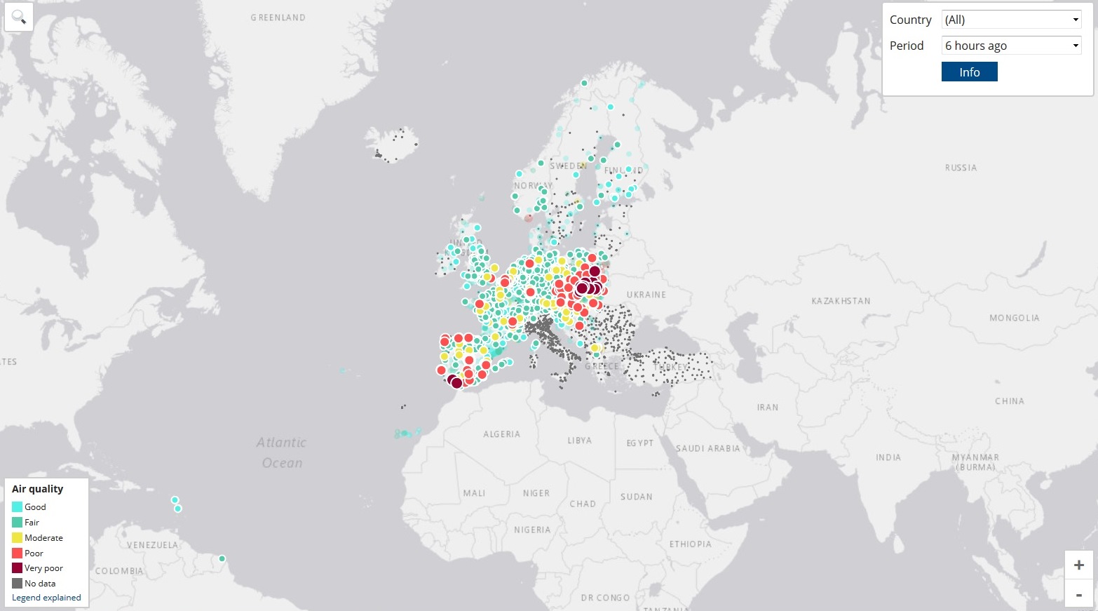 Картата ”Европейски индекс за качеството на въздуха”
