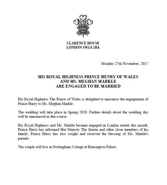 Официално съобщение за годежа на принц Хари и Меган Маркъл