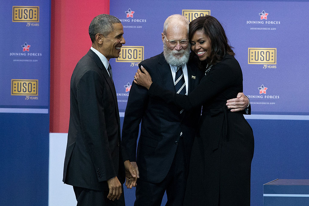 Дейвид Летърман с Барак Обама и съпругата му Мишел Обама