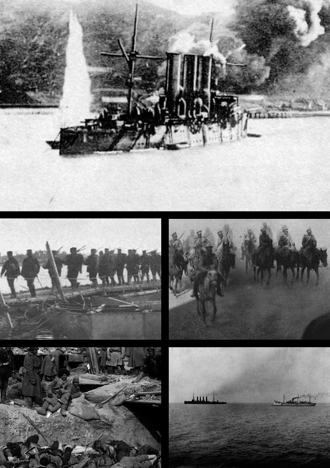Лицето на войната: японска пехота, руска кавалерия, убити войници в траншея