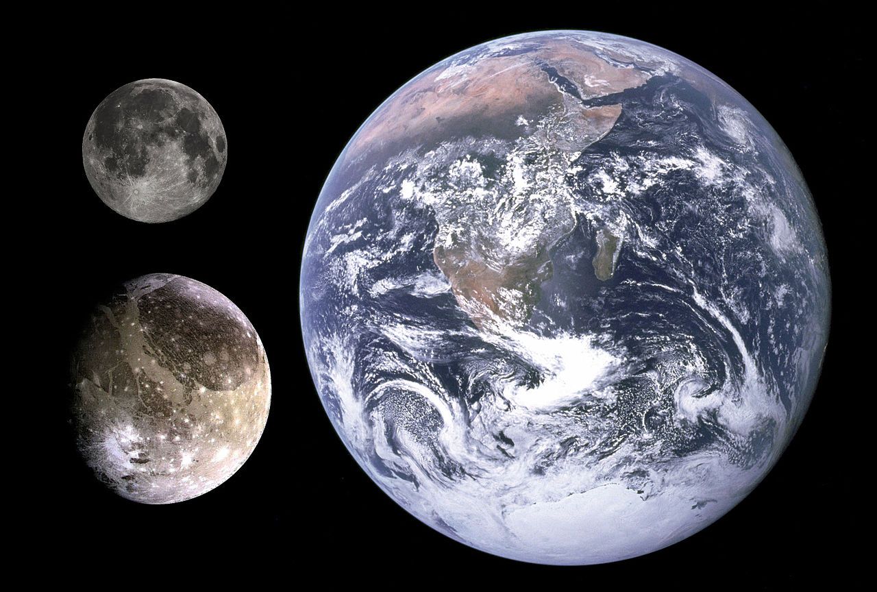 Ганимед сравнен с Луната и Земята
