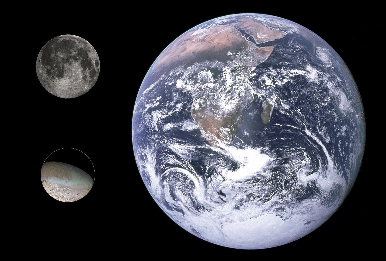 Тритон сравнен с Луната и Земята