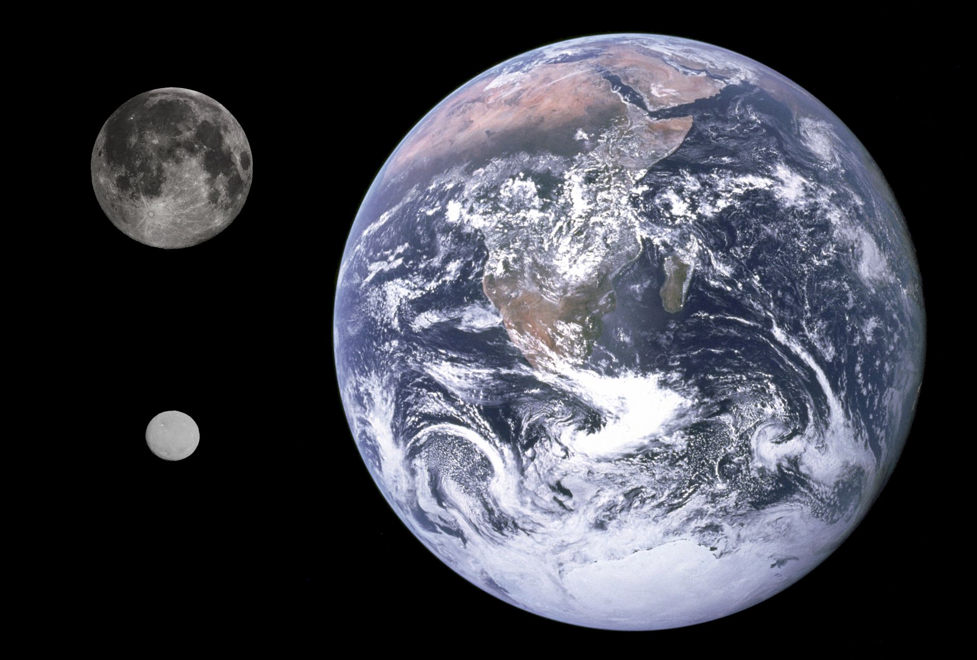 Церера, сравнена със Земята и Луната