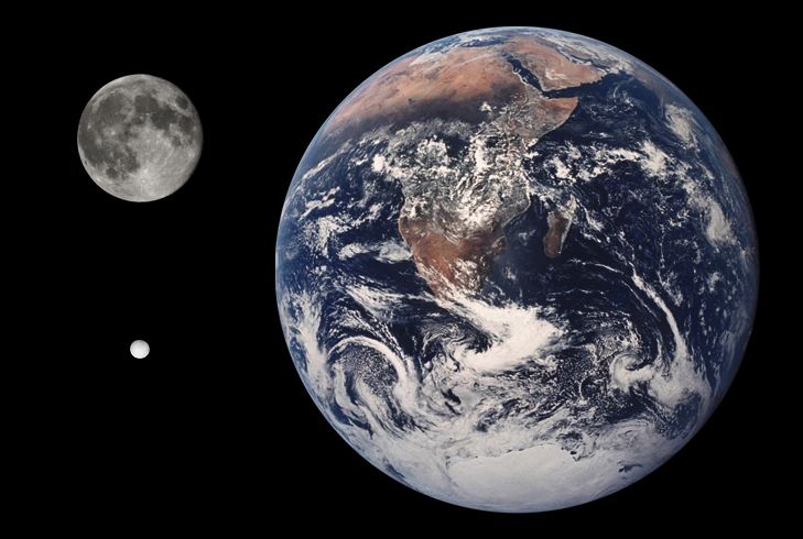 Енцелад, сравнен със Земята и Луната