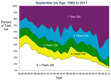 Графиката показва почти пълното изчезване на многогодишния лед в Арктика