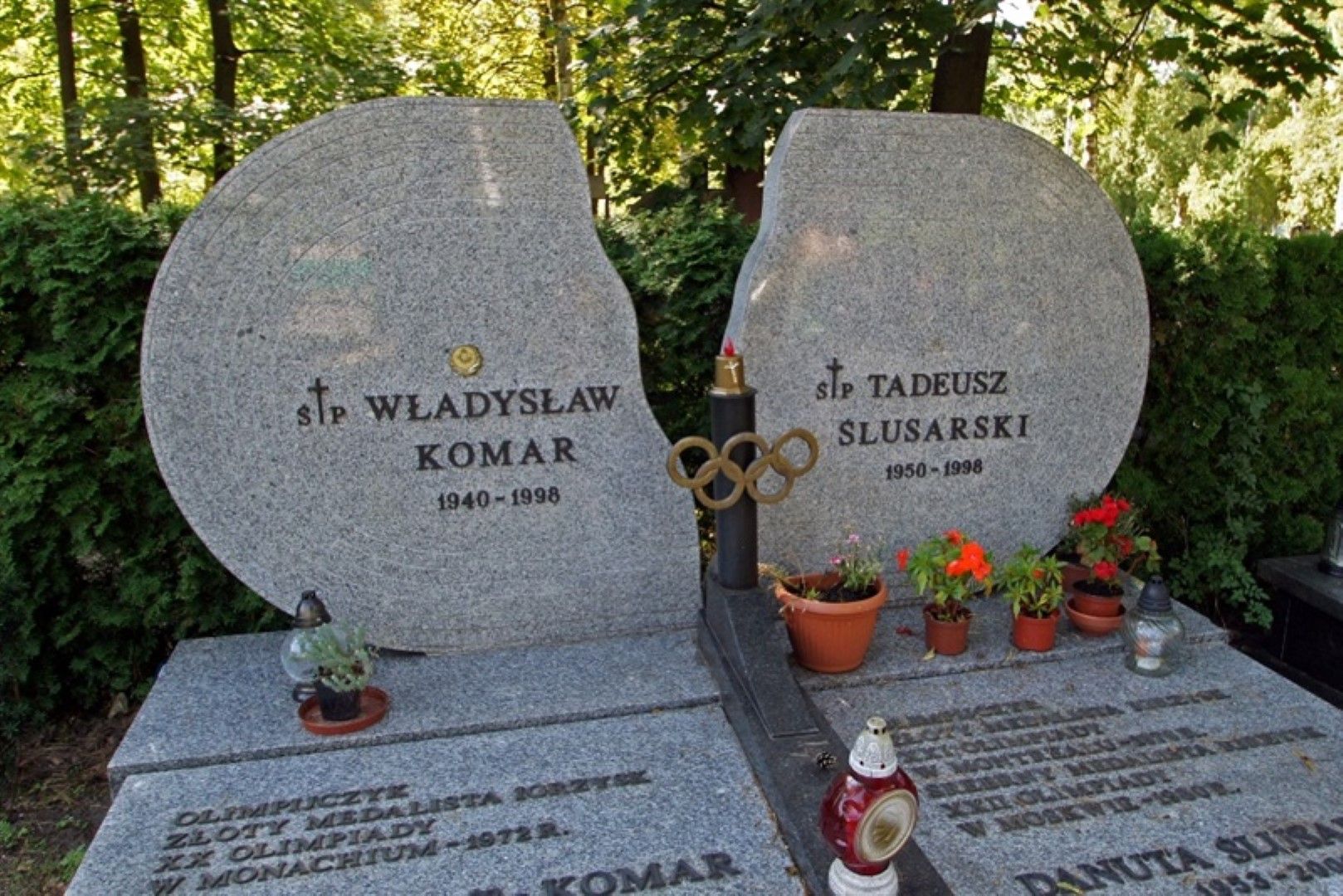 Владислав Комар и Тадеуш Слюсарски Два от символите на полския спорт си отидоха заедно,   смразяващо подобно на трагедията с Гунди и Котков. Плочата   над гробовете им изглежда така. Двамата загинаха в   катастрофа край Пжибиернов през август 1998 г., когато Комар   бе на 58, а Слюсарски - на 48 г.