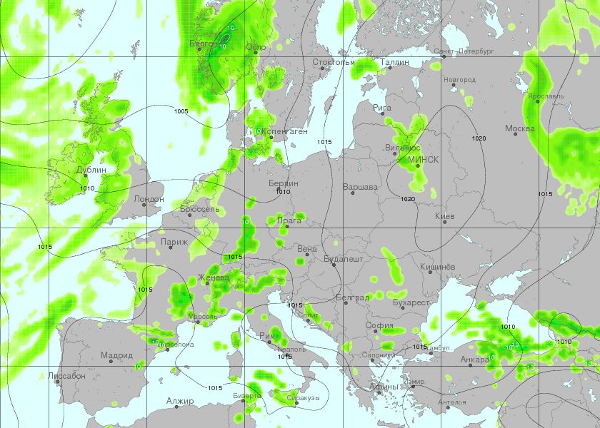Карта на очакваните валежи и приземното атмосферно налягане.Вижда се обширният антициклон с център над Северна Украйна и Беларус, в чиято периферия се намира страната ни