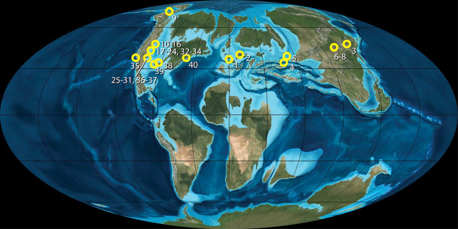 Така са изглеждали континентите преди около 65 милиона години. К-Т ударът е бил на територията на днешно Мексико, в плитка вода