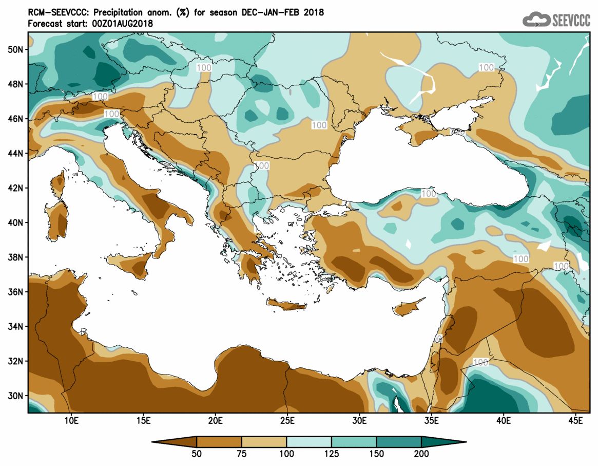 Очаквано отклонение от нормалните валежи, даунгрейдната за Балканите прогноза на ЕСМРФ (източник SEEVCC)