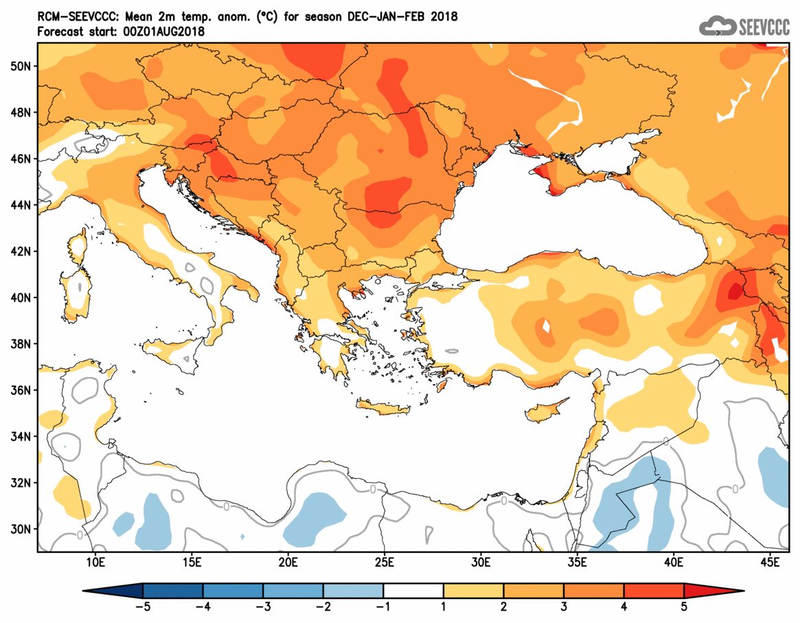 Очаквано отклонение от нормалните температури за сезона декември-февруари, даунгрейдната за Балканите прогноза на ЕСМРФ (източник SEEVCC)