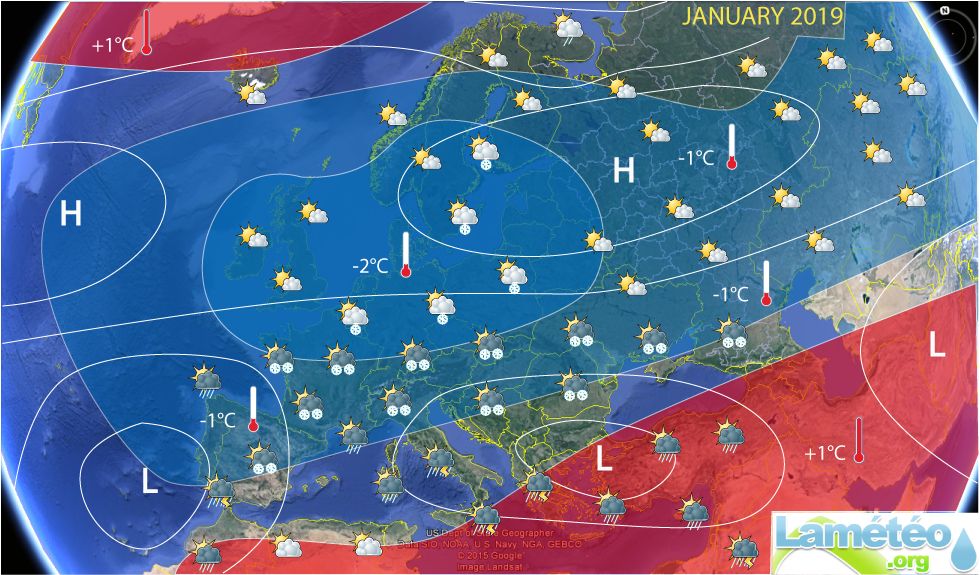 Очаквани януарски температурни аномалии за Европа, прогноза на lameteo.org