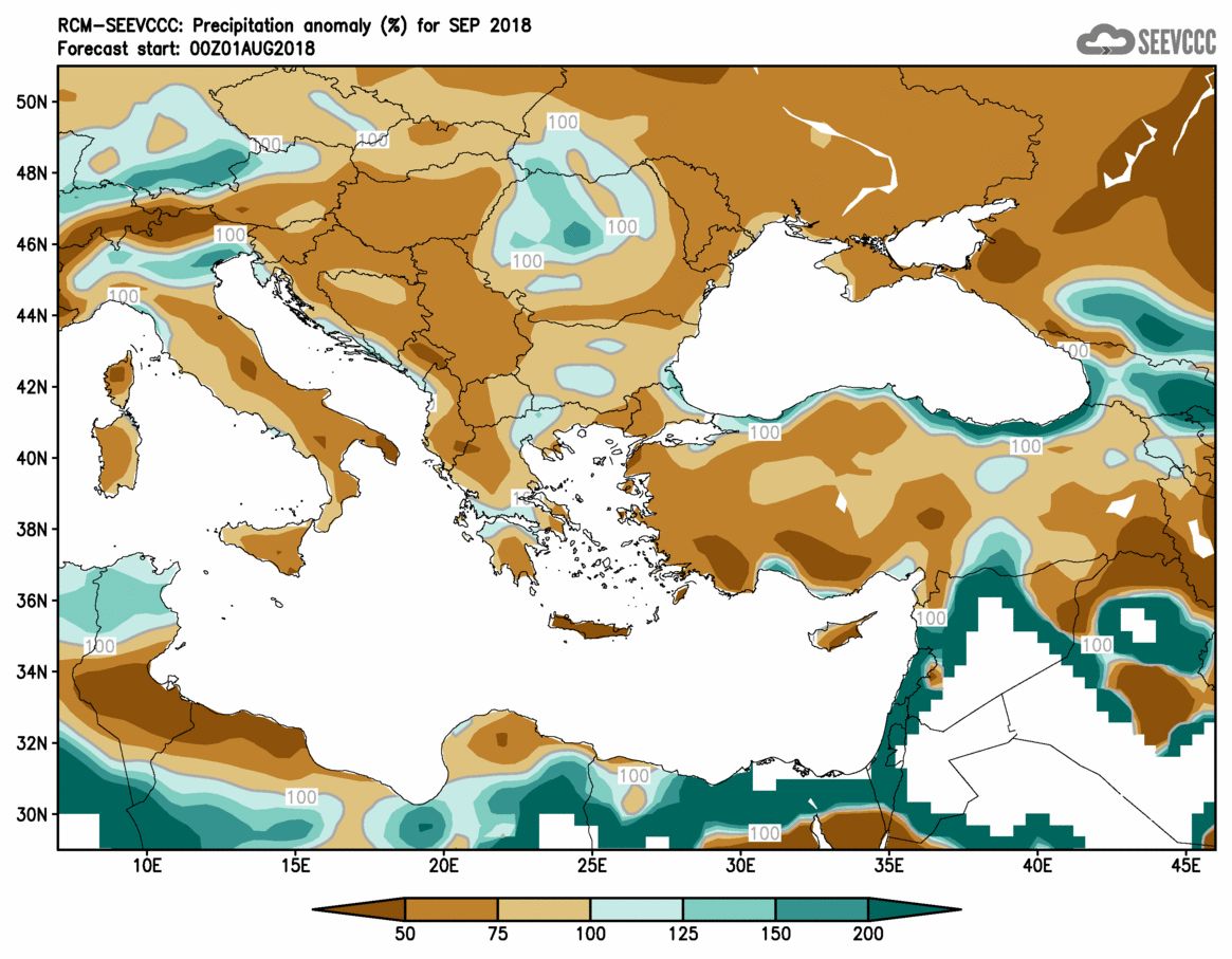Очаквани валежи за септември от SEEVCCC. В рамките на обичайните плюс-минус 20 процента. Малко под обичайните в най-ниските части на Дунавската равнина