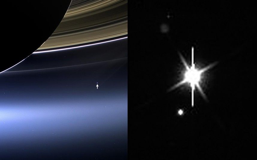 Земята и Луната на фона на пръстените на Сатурн